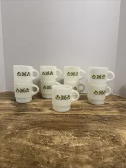 VINTAGE ANCHOR HOCKING FIRE KING STACKING MUGS CUPS GREEN MEADOW SET OF 9 - MCM