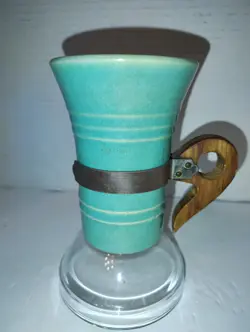 1-VINTAGE PACIFIC POTTERY HOSTESSWARE MUGS CUPS AQUA WOOD HANDLE & METAL BAND
