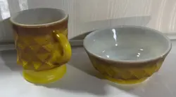 VINTAGE FIRE KING ANCHOR HOCKING KIMBERLY DIAMOND BROWN YELLOW COFFEE MUG & BOWL