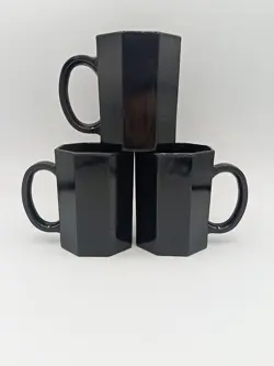 SET OF 3 ARCOROC FRANCE OCTIME BLACK GLASS COFFEE MUGS CUPS 8 SIDED OCTAGON VTG