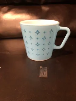 VINTAGE PYREX TURQUOISE BLUE FOULARD ATOMIC STARBURST D HANDLE 1410 GLASS MUG 1