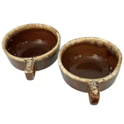 LOT OF 2 VINTAGE HULL POTTERY SOUP MUG BROWN DRIP GLAZE CUP BOWL OVEN PROOF USA