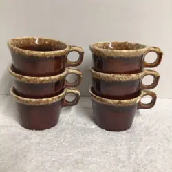 VINTAGE HULL POTTERY OVEN PROOF USA BROWN DRIP GLAZE COFFEE MUGS CUPS SET OF 6