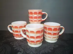 4 VINTAGE FIRE KING CAMELOT COIN DOT RED THUMBPRINT COFFEE CUPS MUGS EXCELLENT