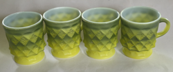 VTG FIRE KING ANCHOR HOCKING GREEN KIMBERLY DIAMOND GLASS COFFEE MUGS SET 4