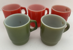LOT 5 VTG FIRE KING ANCHOR HOCKING STACKABLE COFFEE MUGS - GREEN/RED - MADE USA