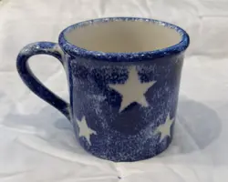 VTG HARTSTONE POTTERY STONEWARE BLUE SPONGED W/ WHITE STARS MUG MADE IN USA 16OZ