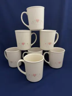 7 VINTAGE CORELLE CORNING FOREVER YOURS CUPS MUGS COFFEE TEA WITH PINK HEARTS