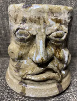 UGLY FACE ART POTTERY MUG HANDMADE FOLK ART VINTAGE