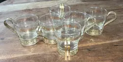 6 VINTAGE LIBBY CLEAR GLASS COFFEE TEA CUPS, GREEK KEY & GOLD COLOR