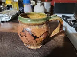 VINTAGE PAUL MORRIS ART POTTERY SALT GLAZED HORSE STALLION COFFEE MUG SIGNED