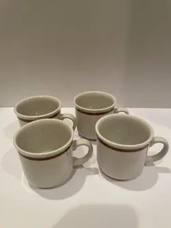 GENUINE STONEWARE MUGS MADE IN JAPAN TAN WITH BROWN STRIPE VINTAGE SET OF 4