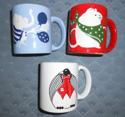 3 VINTAGE WAECHTERSBACH CHILDREN'S MUGS, W. GERMANY, RED, WHITE, BLUE ANIMALS