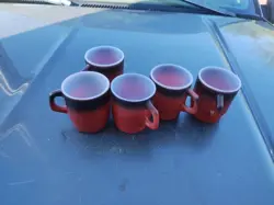 LOT OF 5 VINTAGE FIRE KING STACKING COFFEE TEA CUP MUGS D HANDLE RED BROWN*