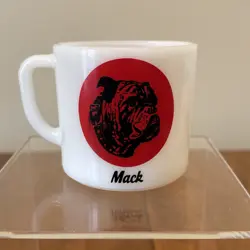 VTG MACK TRUCK ADVERTISING WHITE RED COFFEE MUG BULL DOG TRUCKING MILK GLASS