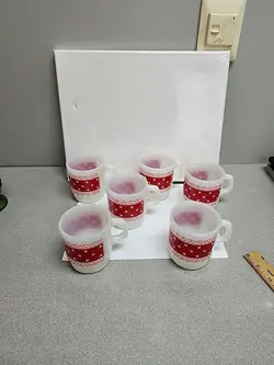 6 VINTAGE FIRE KING RED POLKA DOT LACE COFFEE MUGS CUPS