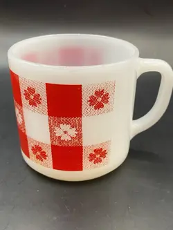 VTG MCM 50S FEDERAL MILK GLASS RED GINGHAM COFFEE CUP MUG - 4 AVAILABLE