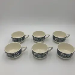 6 VINTAGE ROYAL CHINA CURRIER & IVES CUPS OLD HOMESTEAD HORSE BLUE WHITE MUGS