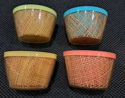 EXCELLENT 4 BOWLS LOT VINTAGE RAFFIA WARE INSULATED BURLAP STRAW WEAVE BOWL
