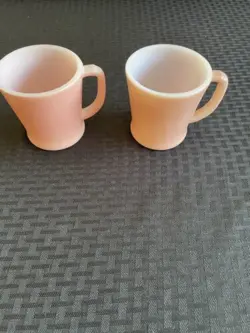 2 VINTAGE FIRE-KING PINK & MAUVE MILK GLASS COFFEE CUPS D HANDLE