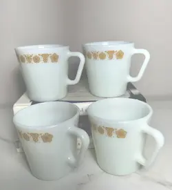 4 VINTAGE PYREX BUTTERFLY GOLD D-HANDLE COFFEE MUG CUPS #1410 10 OZ