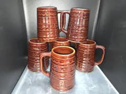 6 VINTAGE HULL MARCREST BROWN DAISY DOT STONEWARE COFFEE CUP MUG BEER STEIN 5