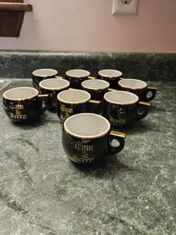 SET OF 10 VINTAGE HALL TOM AND JERRY MUGS CUPS BLACK GOLD