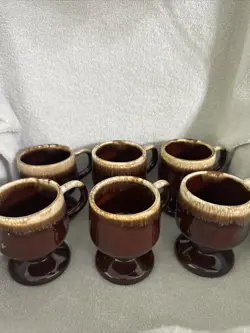 MCCOY BROWN DRIP GLAZE FOOTED COFFEE MUGS SET OF 6  VINTAGE