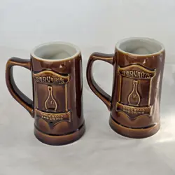 VTG HALL POTTERY BARNABYS GOOD FOOD & DRINK BEER STEIN MUGS SET/2 BROWN TANKARD