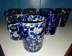 7 VINTAGE BENNINGTON POTTERS AGATE BLUE TRIGGER DOUBLE HANDLE COFFEE CUPS