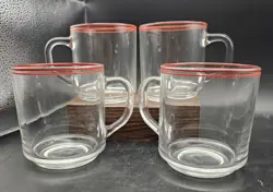 SET OF 4 VINTAGE ARCOROC FRANCE CLASSIQUE CLEAR GLASS COFFEE TEA CUP RED LINES