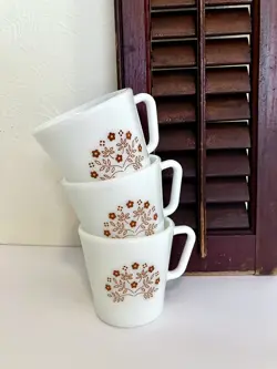 VINTAGE PYREX COFFEE CUPS MUGS SUMMER IMPRESSIONS BROWN FLOWER D-HANDLE SET OF 3