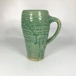 HANDMADE ARTIST SIGNED POTTERY MUG TALL GREEN STONEWARE RUSTIC VINTAGE