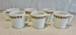 VINTAGE PYREX CORNING MILK GLASS COFFEE CUP MUG BUTTERFLY GOLD D HANDLE SET OF 6