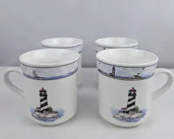 STONEWARE COASTAL LIGHTHOUSE NAUTICAL COFFEE MUGS TEA CUPS LOT OF 4 VTG