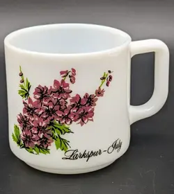 VINTAGE BROCKWAY LARKSPUR FLOWER OF THE MONTH JULY MUG MILK GLASS