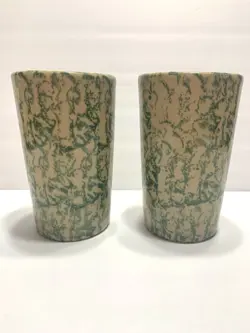 SPONGEWARE ROSEVILLE RRP VINTAGE 2 GREEN  STONEWARE TUMBLERS 16 OZ OHIO USA
