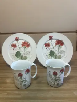 4 PIECE BLOCK SPAL HILLSIDE WATERCOLORS PORTUGAL GERANIUM SALAD PLATES & MUGS