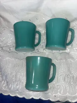 3 VINTAGE 1950'S FIRE KING AQUA MARINE MILK GLASS MUG- D HANDLE
