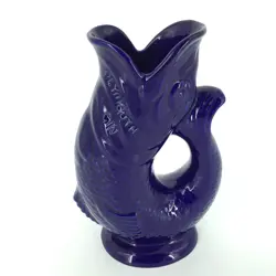 VINTAGE WADE GLUGGLE JUG COLBALT KOI FISH DRINKING MUG PLYMOUTH GIN ENGLAND