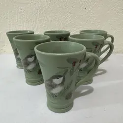 VINTAGE SET 6 PFALTZGRAFF WINTERWOOD BIRD TALL COCOA LATTE COFFEE MUGS CUP GREEN