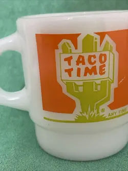 VINTAGE TACO TIME FIRE KING STACKABLE COFFEE MUG MILK GLASS SIGN CACTUS POP