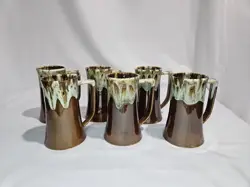 BROWN DRIP GLAZE MUGS (6) 1960S VINTAGE 6