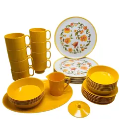 VTG MELAMINE YELLOW FLORAL DINNERWARE PICNIC RV CAMPING USA MCM RETRO 40 PC SET
