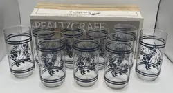 VINTAGE PFALTZGRAFF FOLK ART CLEAR WITH BIRD PRINT DRINKING GLASS SET OF 9 BOX