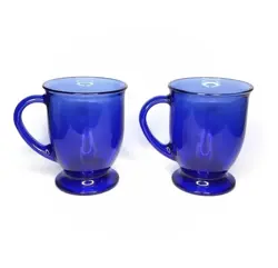 SET OF 2 VINTAGE ANCHOR HOCKING COBALT BLUE GLASS FOOTED COFFEE MUGS USA 5