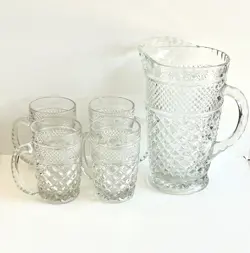 VINTAGE ANCHOR HOCKING WEXFORD PATTERN 64OZ PITCHER & 4 MUGS SET - DIAMOND CLEAR