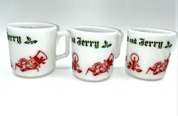 VTG TOM & JERRY CHRISTMAS EGGNOG CUPS HAZEL ATLAS MILK GLASS HOLIDAY  LOT OF 3