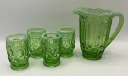 VINTAGE WEISHER MOON & STAR APPLE GREEN OPALESCENT MINI GLASS PITCHER & MUGS SET