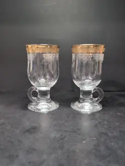 CELLINI CRYSTAL WARE IRISH COFFEE MUGS, SET OF 2, VINTAGE ETCHED, 24K GOLD RIM